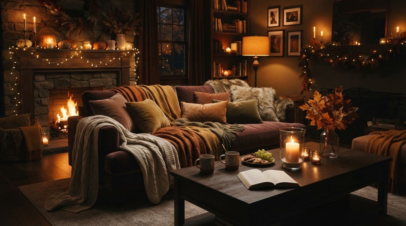 Cozy living room with blankets, pillows, and warm fairy lights.
