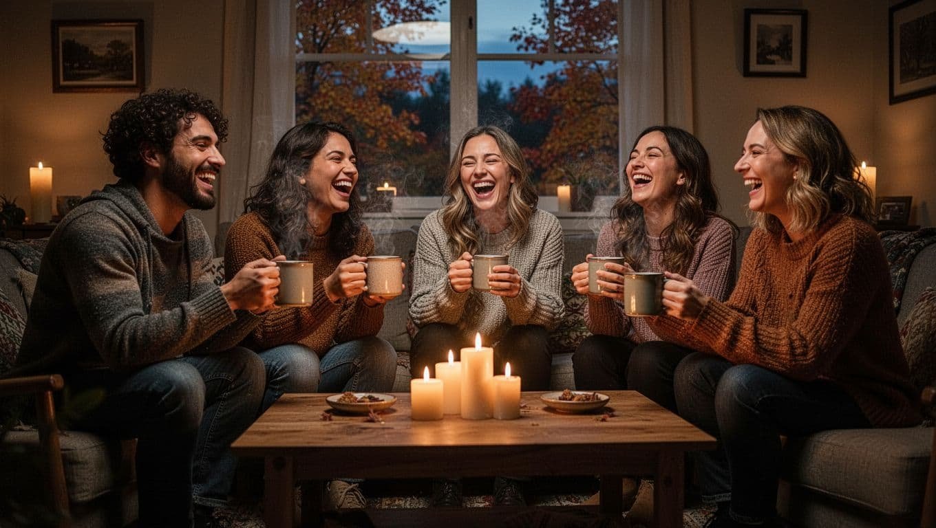 Friends share warm drinks during a cozy autumn evening indoors.