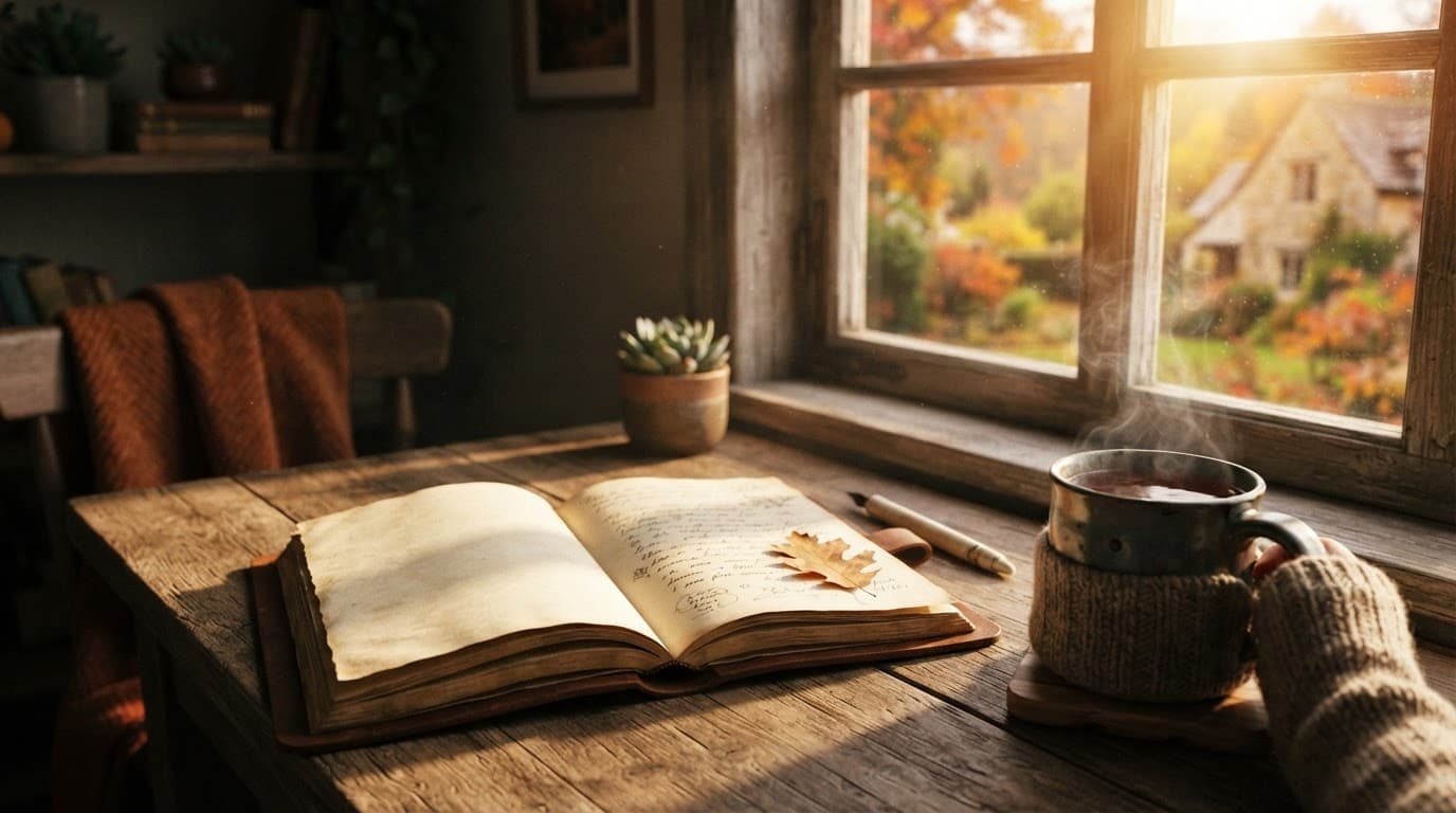 An open journal and steaming tea mug glow in autumn window light.