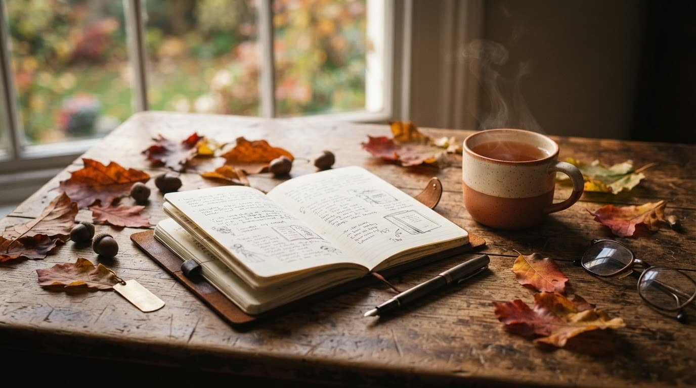 Open notebook and warm tea on a wooden desk with autumn leaves.