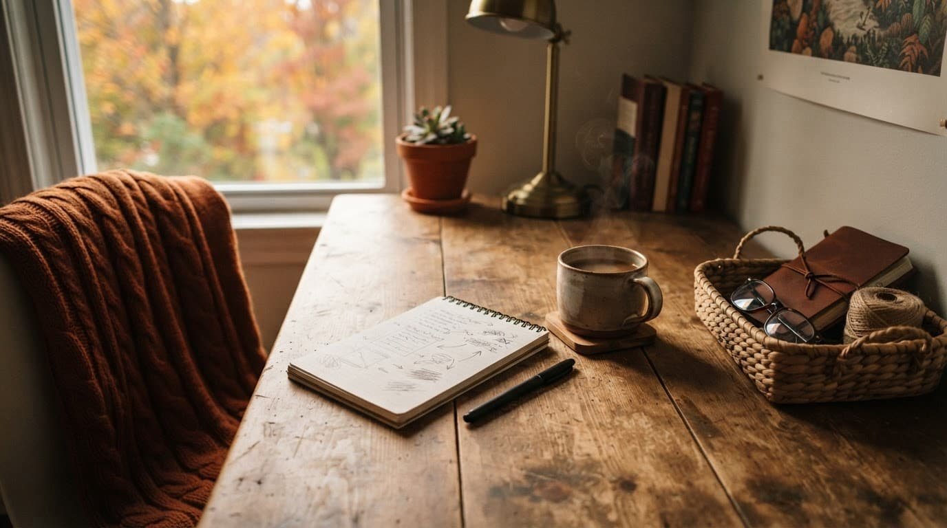 A warm drink and blank notepad rest on a cozy desk in autumn light.