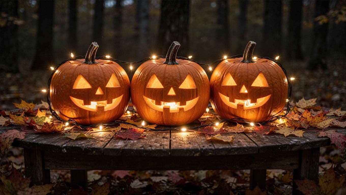 Carved pumpkins and glowing string lights create a cozy Halloween scene.