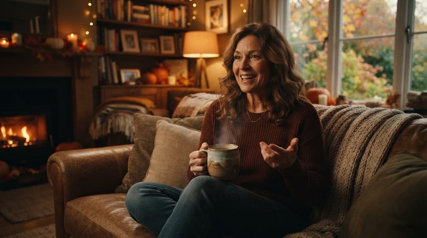 Smiling adult holding a warm mug on a couch in a cozy autumn living room.