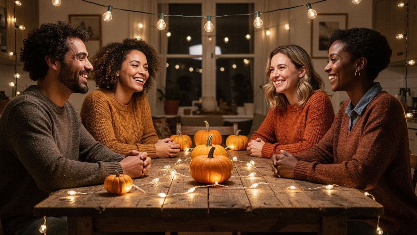 Four adults chat around a rustic table with pumpkins and warm string lights.