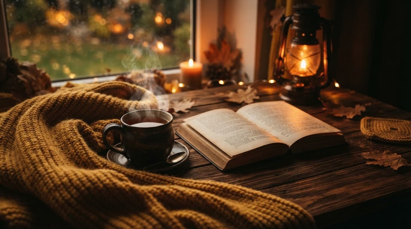 A steaming mug and open book rest on a wooden table beside a soft knit blanket.
