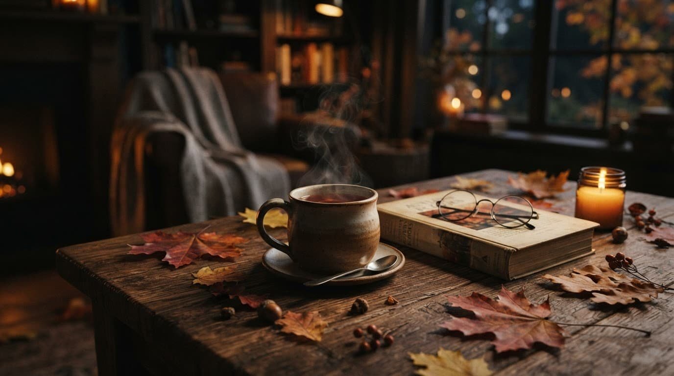 A warm mug of tea, an open book, and autumn leaves on a wooden table.