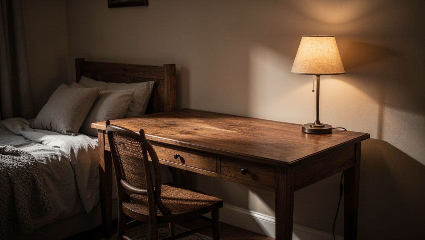 A wooden desk sits in a warmly lit bedroom corner.