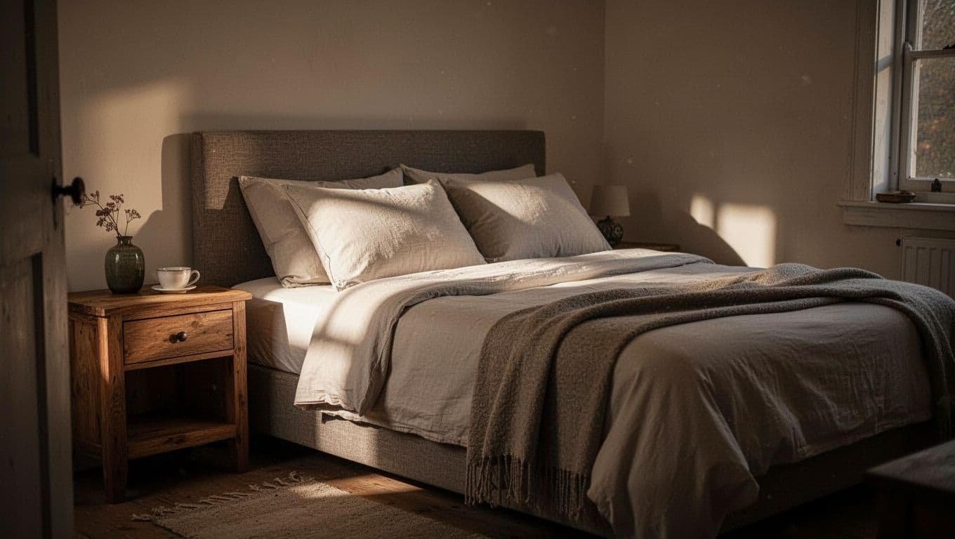 A neatly made bed beside a wooden nightstand in a softly lit bedroom.