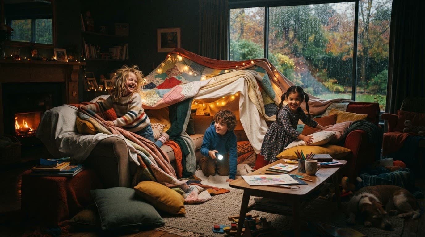 Children build a blanket fort with cushions in a warmly lit living room.