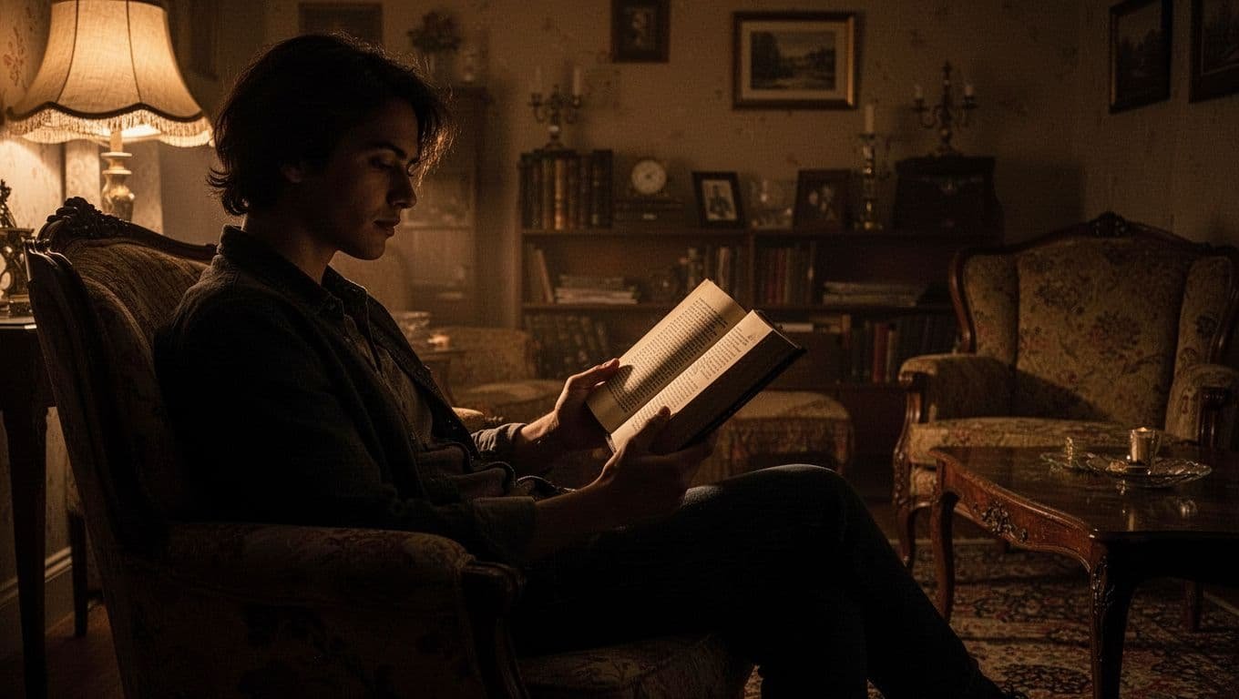 A silhouetted person reads an open book in a warmly lit vintage room.