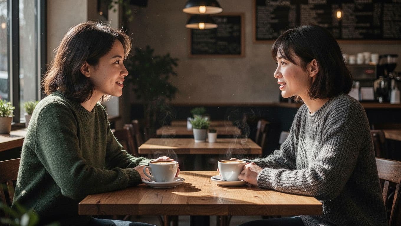 Two people talk across a wooden table in a softly lit cafe.