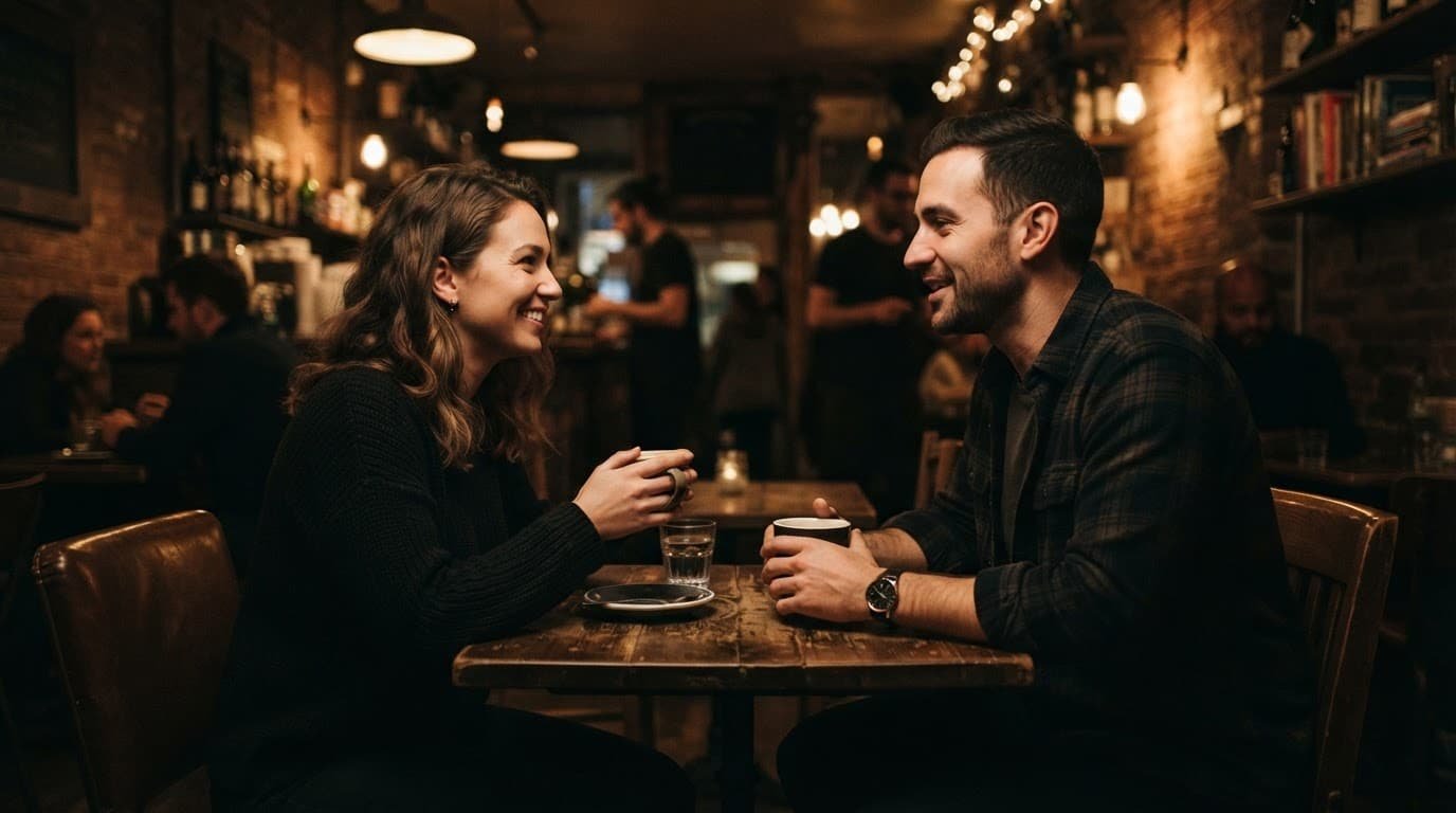 A man and woman having a relaxed conversation across a café table.