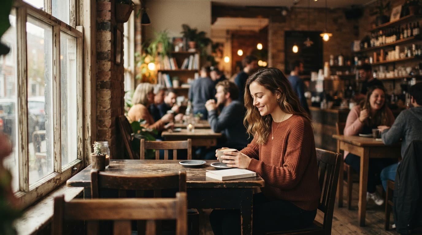 One person relaxing at a wooden table in a warmly lit neighborhood café.