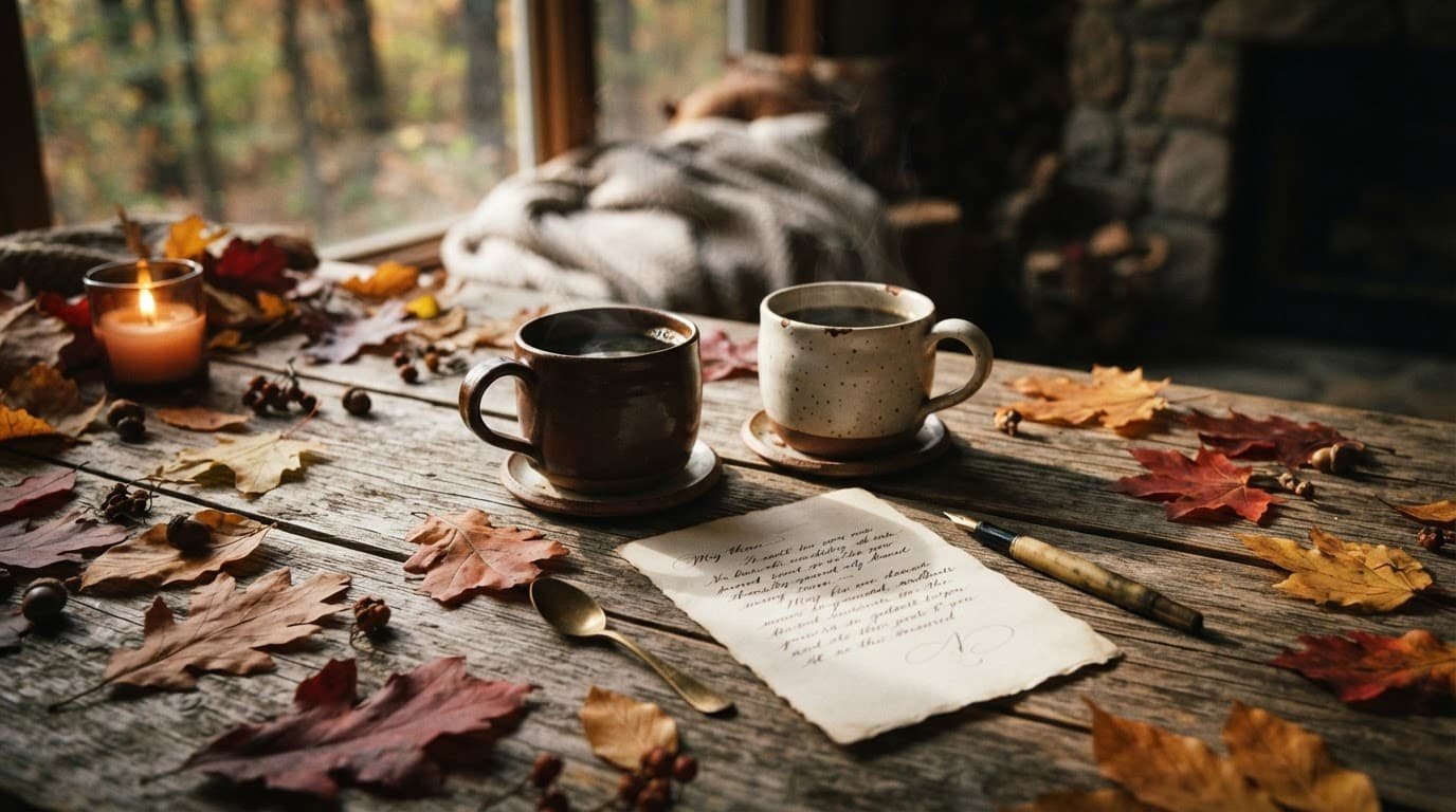 A handwritten note and two coffee mugs sit on a rustic table with autumn leaves.