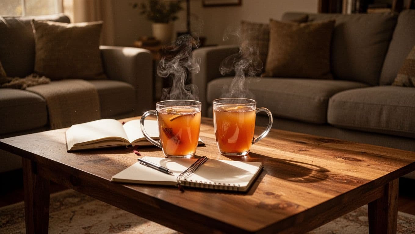 Two mugs of cider and an open notebook sit on a wooden table.