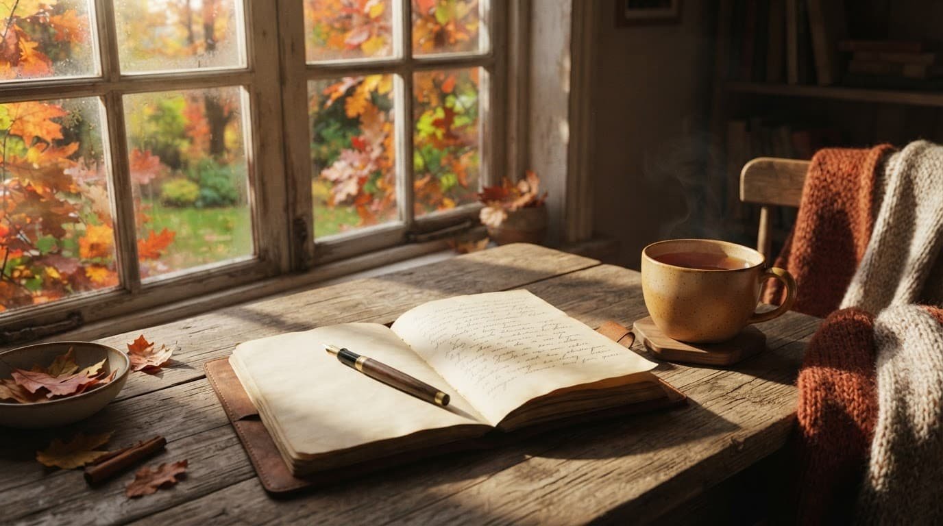 An open journal, pen, and hot tea sit on a rustic table in autumn sunlight.