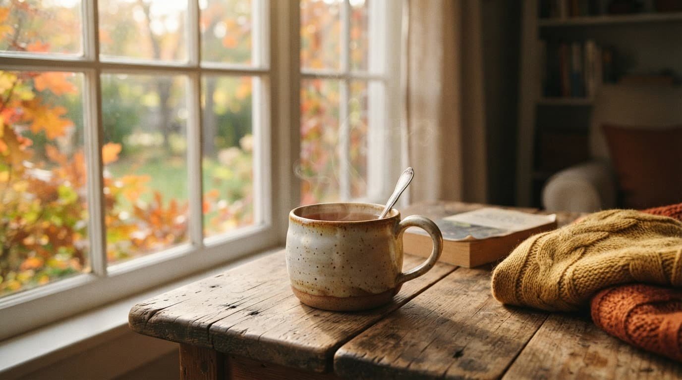 A ceramic mug of tea on a wooden table in soft autumn morning light.