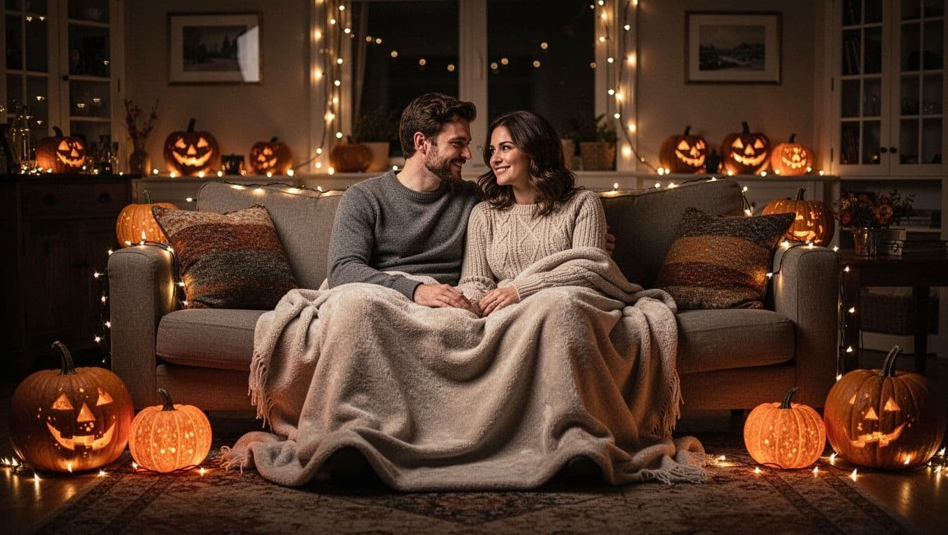 A couple cuddles under a blanket in a living room with pumpkins and warm fairy lights.