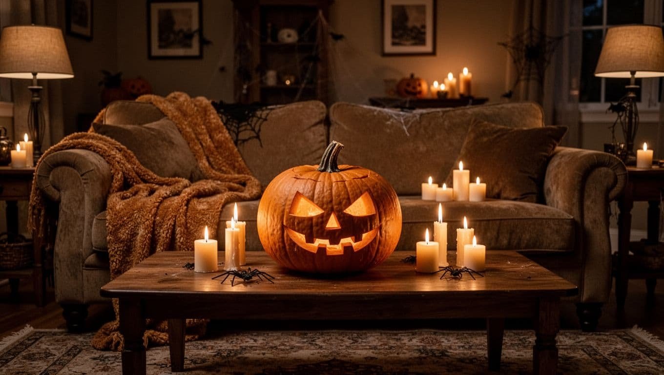 A cozy sofa and glowing carved pumpkin create a Halloween date night setting.