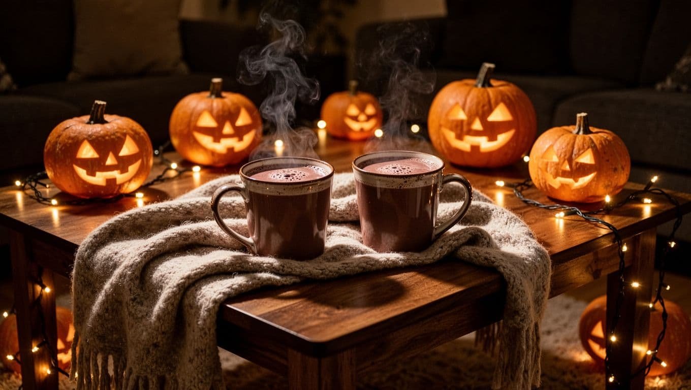 Two mugs of hot chocolate beside glowing pumpkins and a blanket on a wooden table.