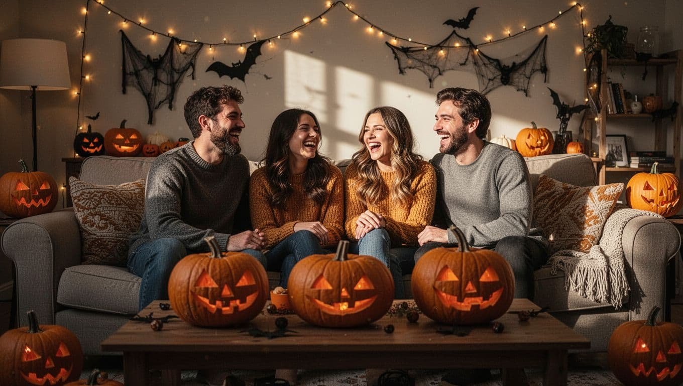 Friends chat on a couch beside pumpkins and warm Halloween lights.