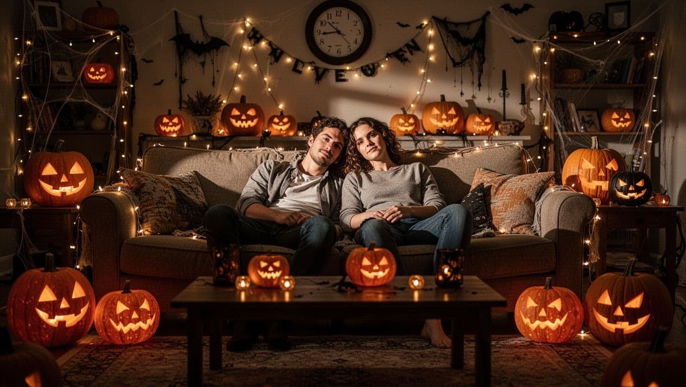 A couple relaxes on a couch beside pumpkins and warm fairy lights.