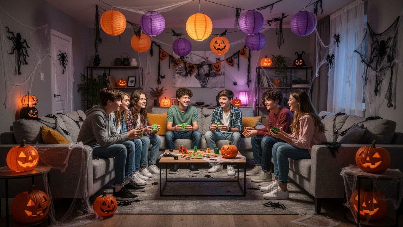 Teenagers chat and play games in a decorated living room.