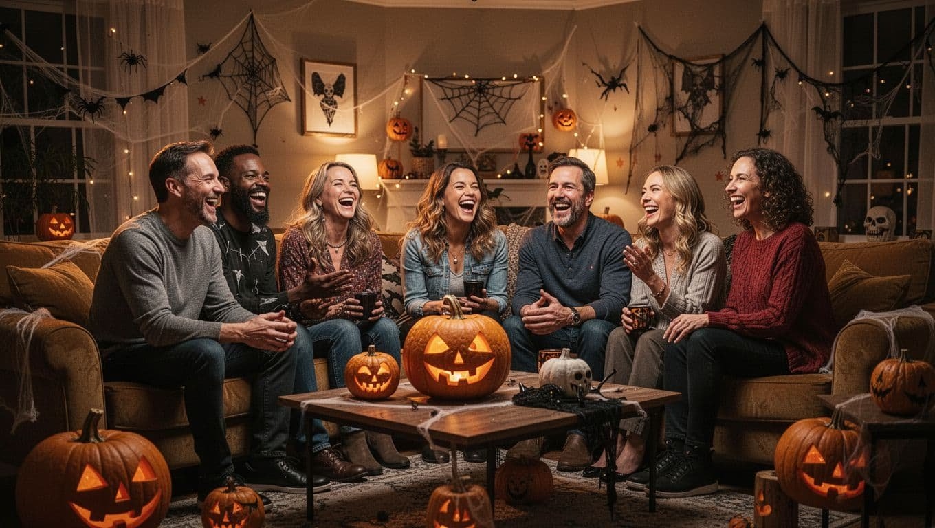 Adults chat in a warmly lit living room during a Halloween party.