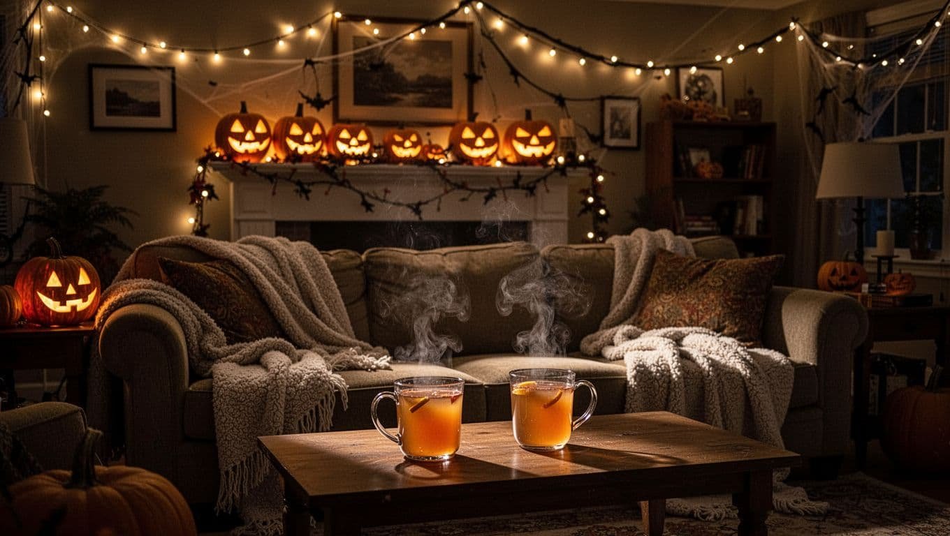 A cozy living room with pumpkins, string lights, blankets, and two mugs of cider.