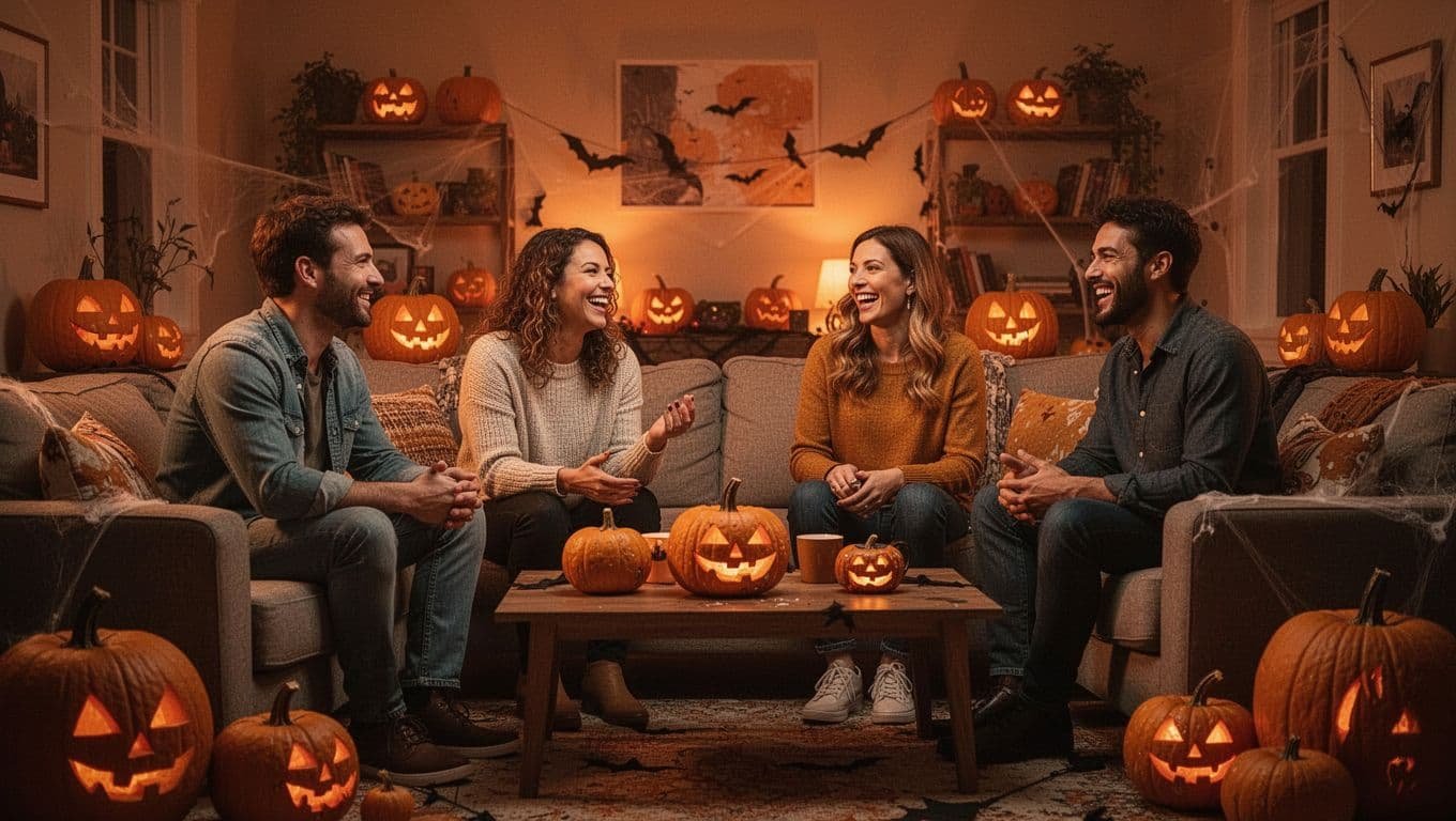 Four adults laugh together in a living room decorated with pumpkins.
