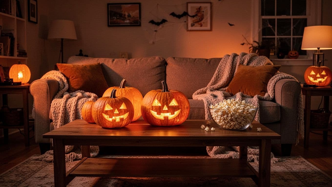 Cozy living room with glowing pumpkins, blankets, popcorn, and dim lighting.