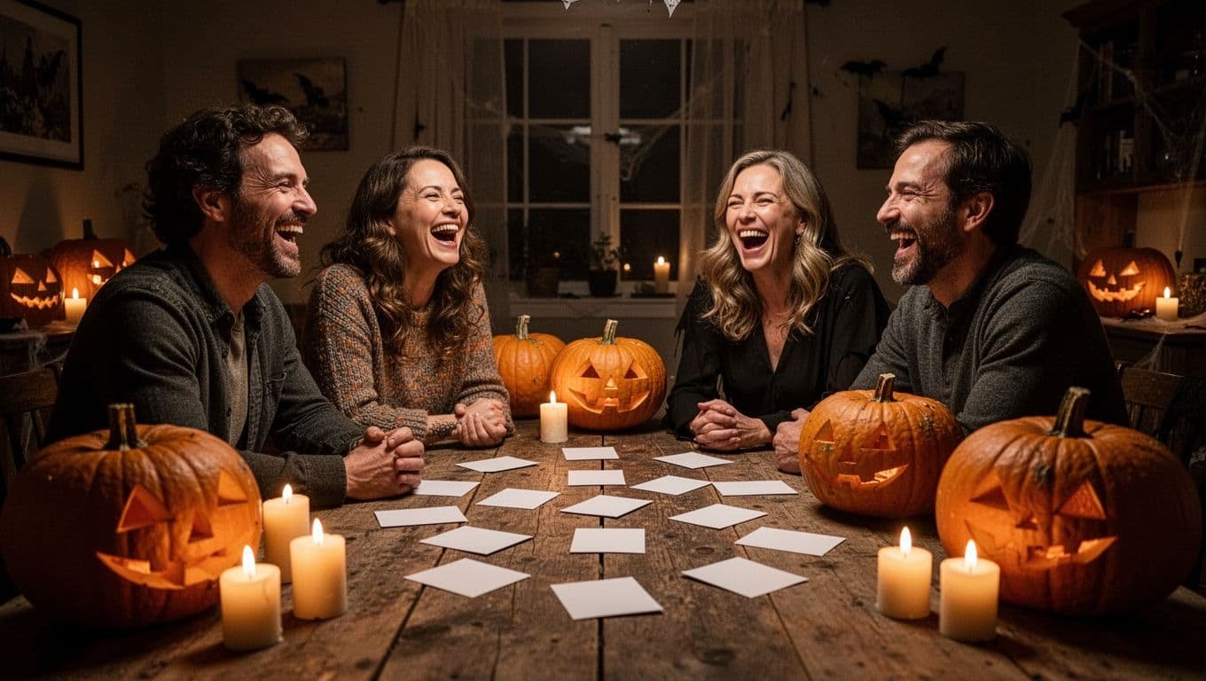 Four adults smile around a candlelit Halloween table with pumpkins and party treats.
