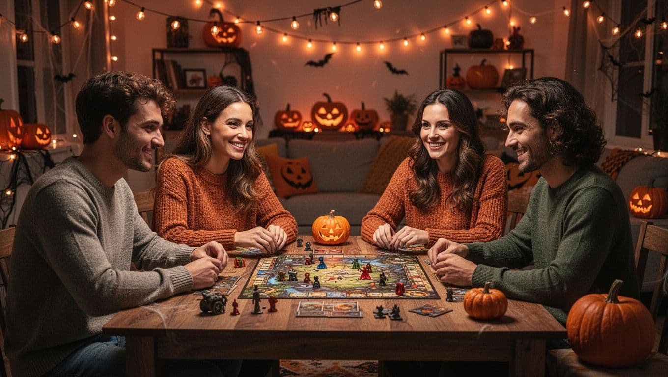 Four friends play trivia around a wooden table at a Halloween party.