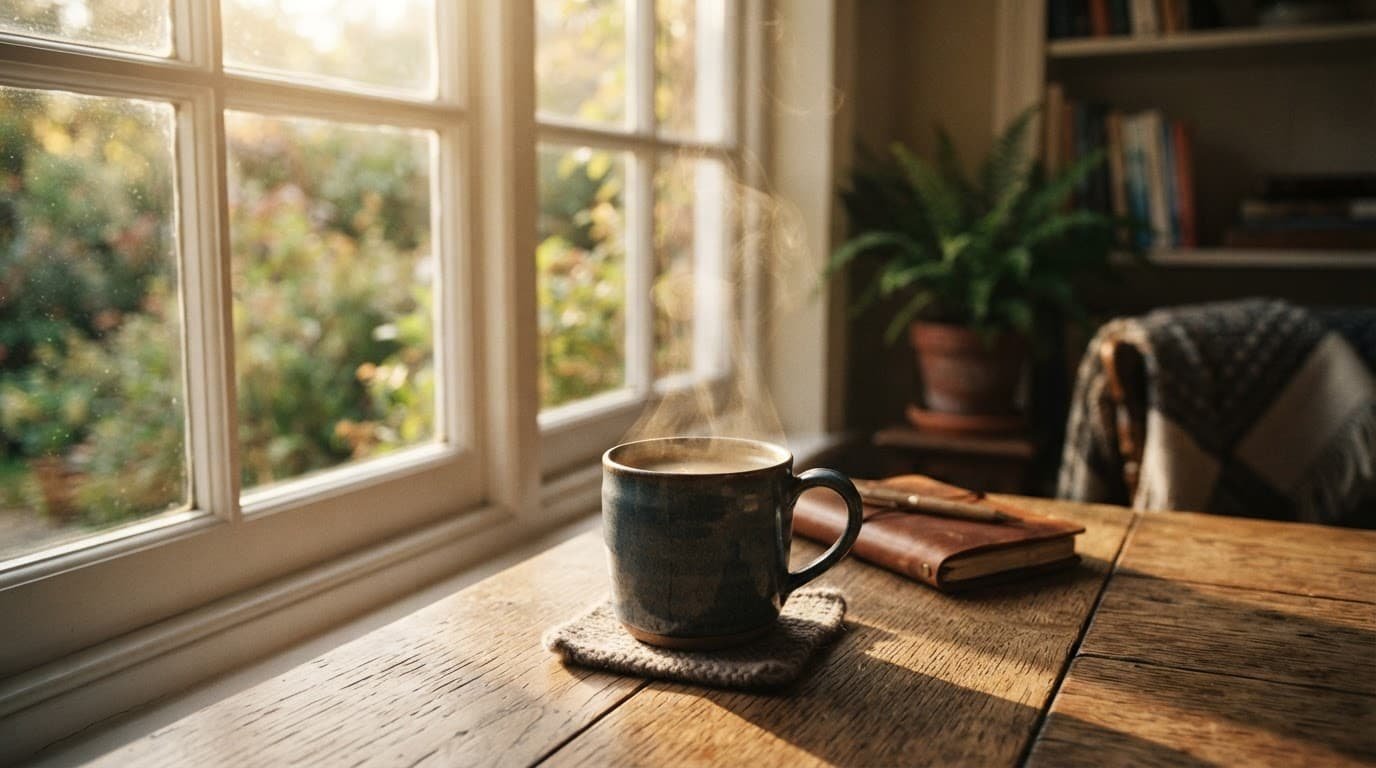 A coffee cup on a wooden table in warm morning sunlight.