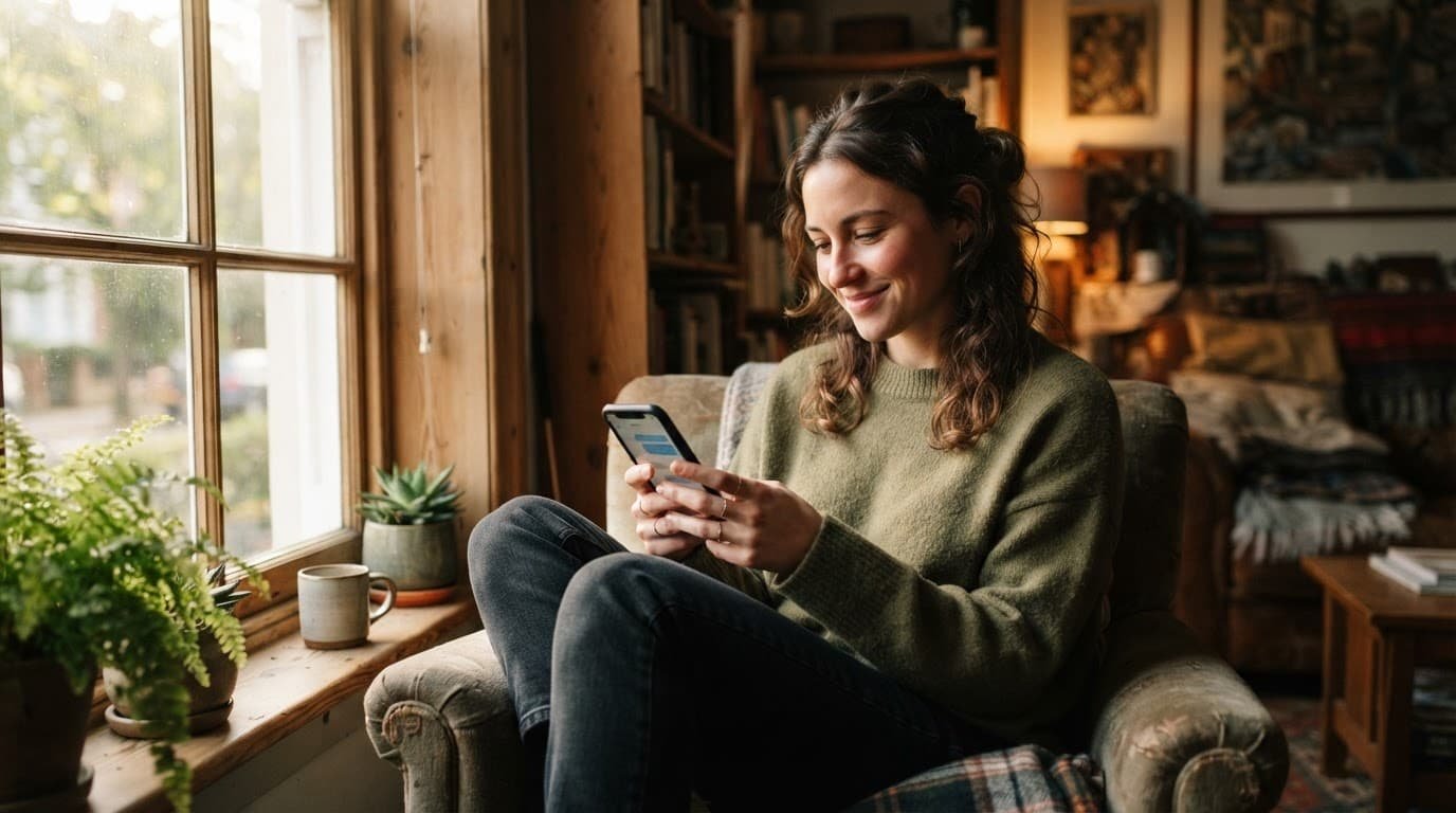 Person reading a message on a smartphone beside a sunny window.