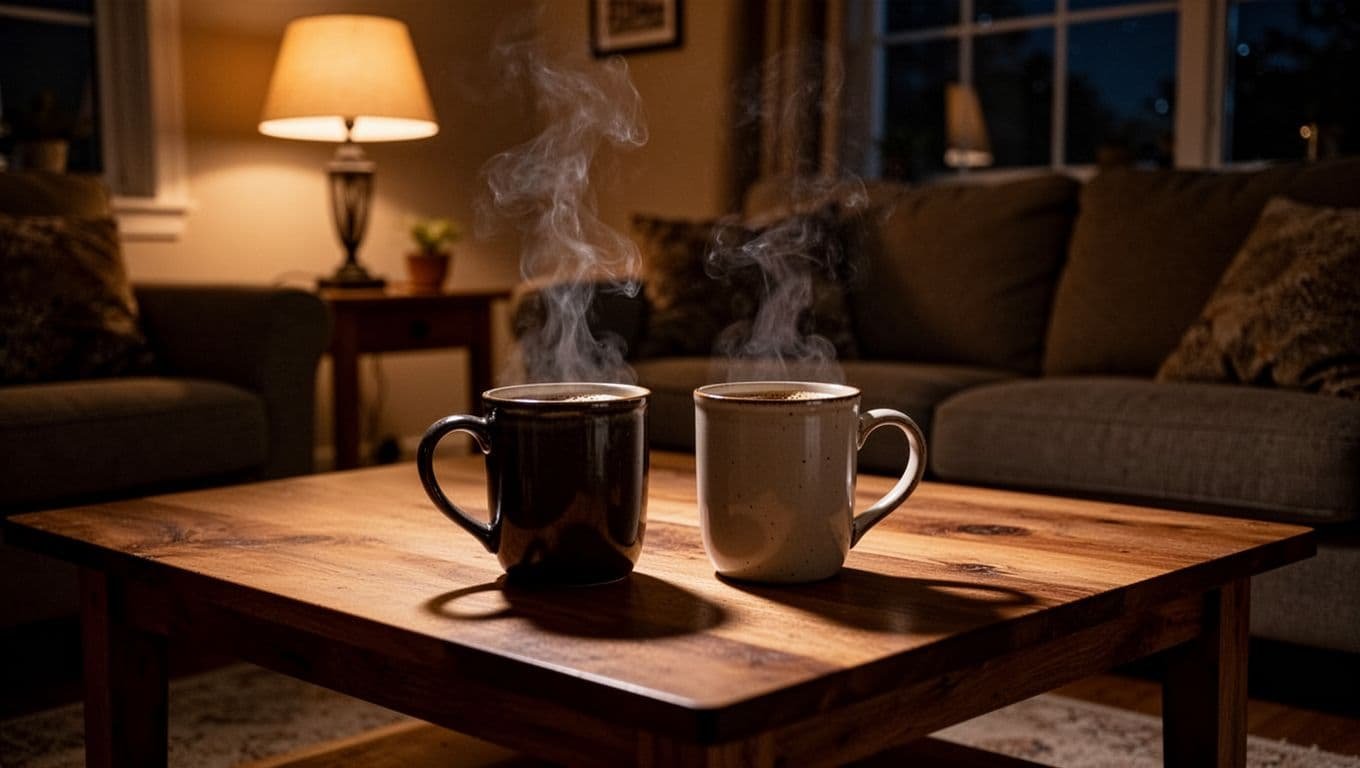 Two coffee mugs sit on a wooden table in a warmly lit living room at night.