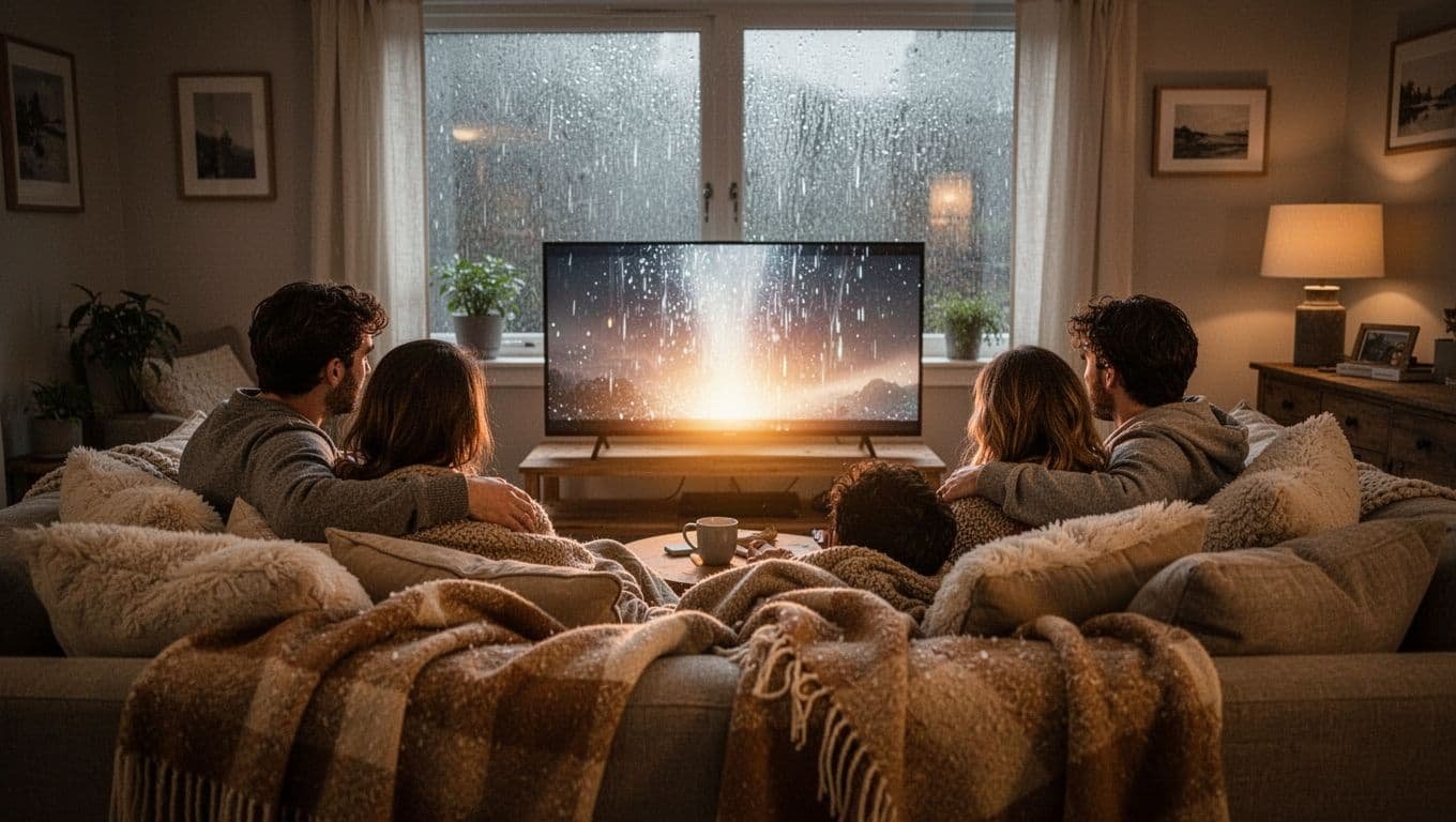 Friends watch a softly glowing TV from a cozy sofa on a rainy day.
