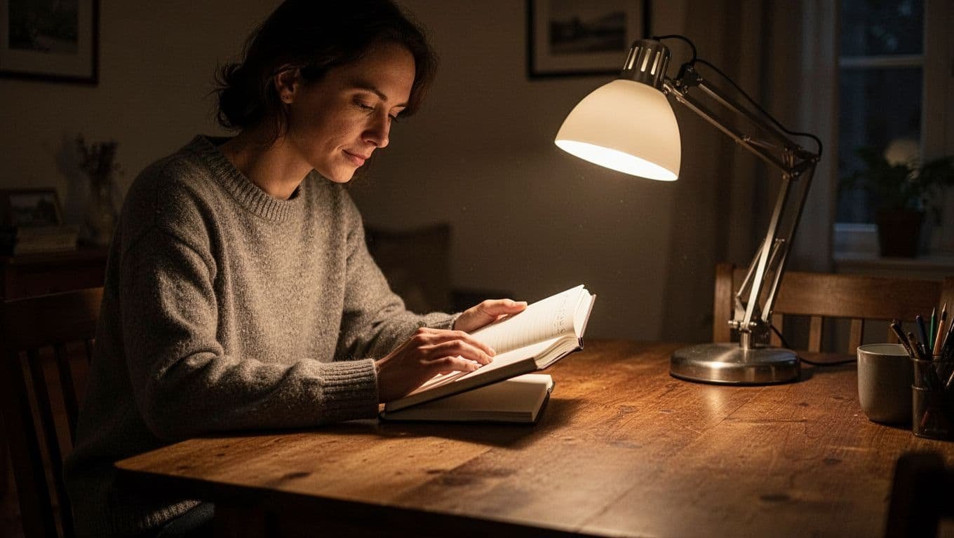 A person reflects beside a notebook and warm lamp in a quiet room.
