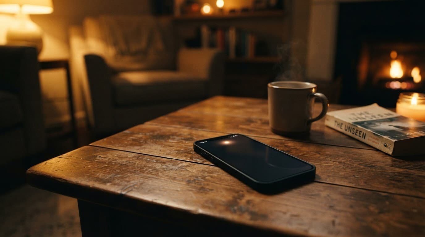 A smartphone with a soft notification light on a wooden coffee table.
