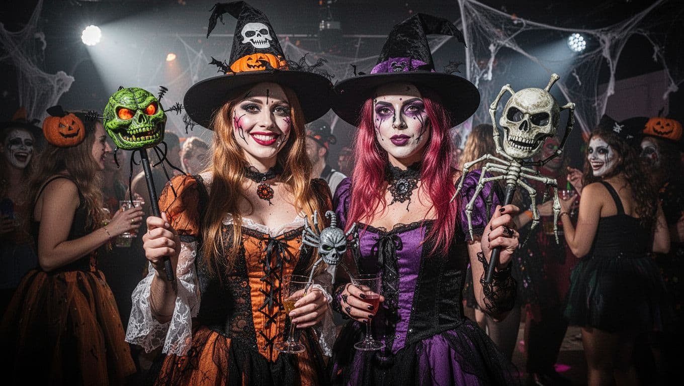 A couple in creative Halloween costumes pose with props under dramatic party lighting.