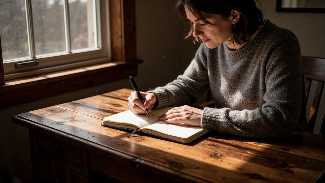 A person writes in an open journal at a wooden desk beside a bright window.