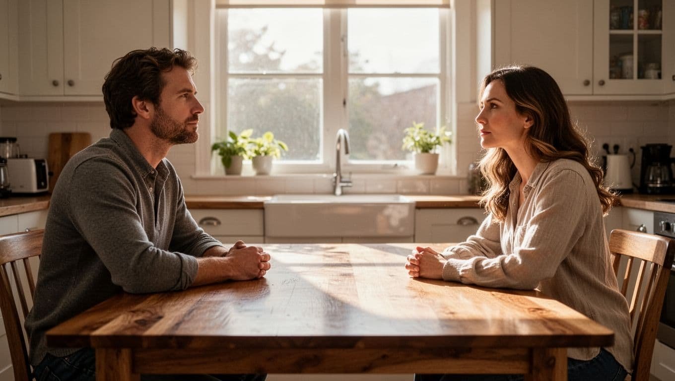 A couple sits apart at a kitchen table in soft window light.
