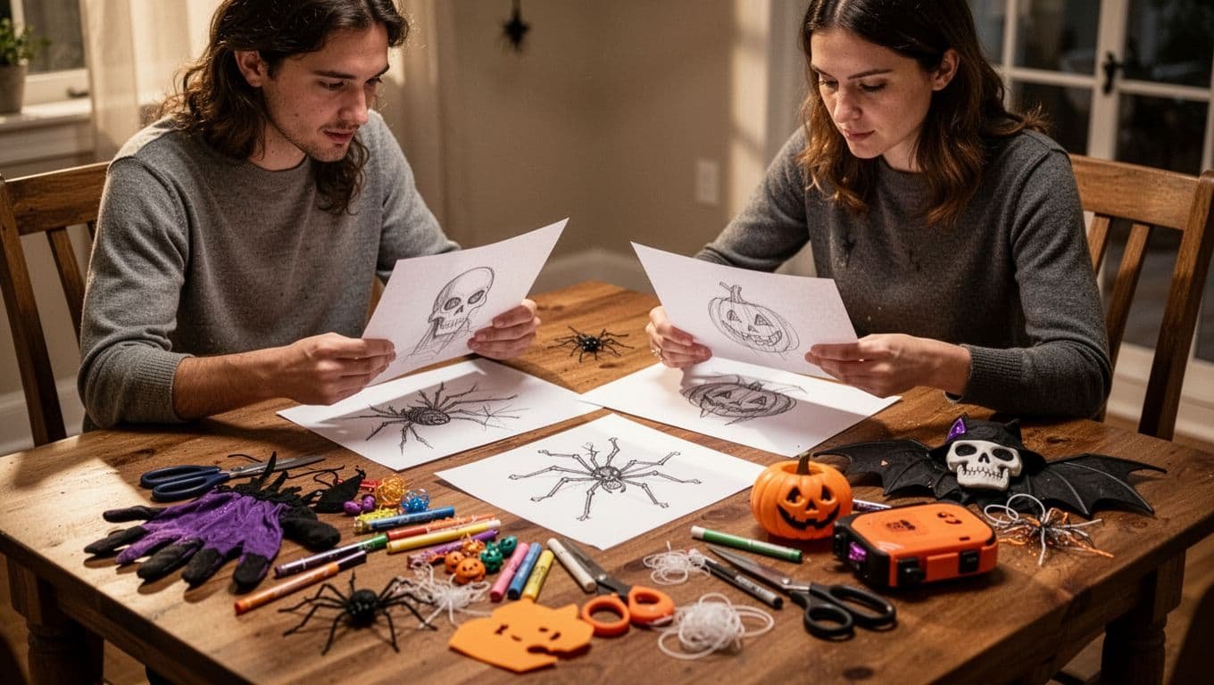A couple reviews costume sketches and craft supplies at a wooden table.