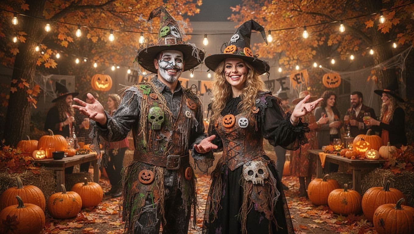Two people wearing creative DIY Halloween costumes at a bright autumn party.