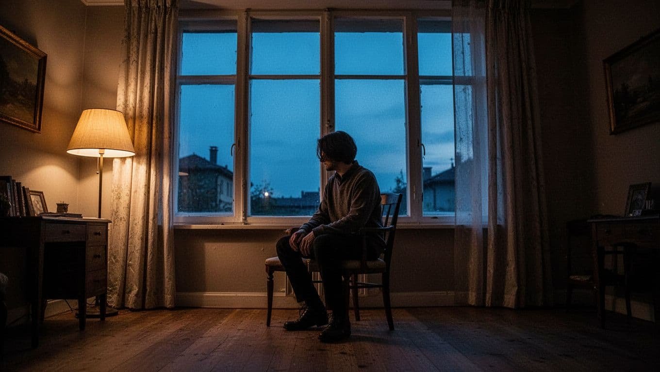 A person sits by a window in contrasting warm and cool light.