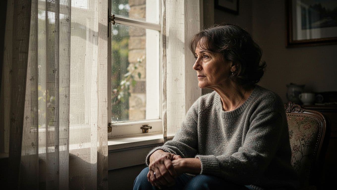 Thoughtful person sitting beside a window in a softly lit room.
