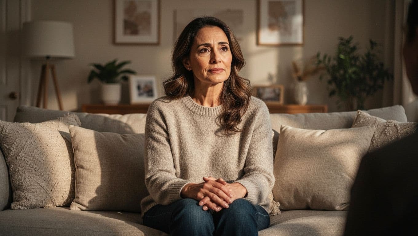 Thoughtful woman sitting on a sofa and looking attentively toward someone off camera.