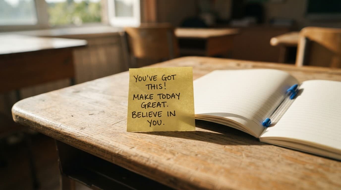 An encouraging sticky note beside a notebook and pen on a sunlit wooden desk.