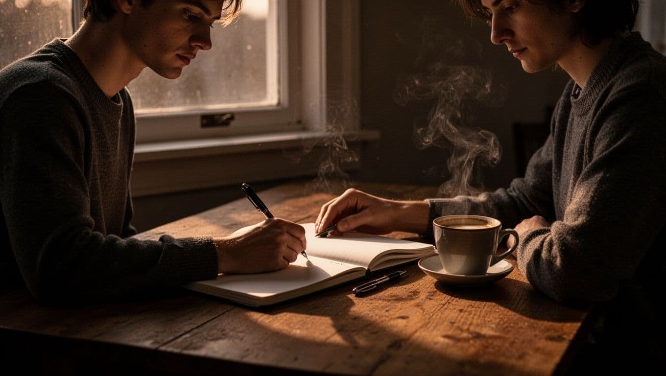 One person tracks a habit beside an open notebook and coffee in evening light.