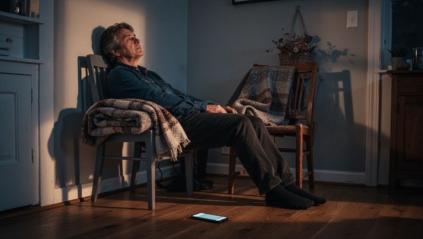 An adult rests beside a chair and folded blanket with a phone turned face down.